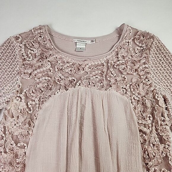 Feratelli Long Sleeve Floral Applique Tunic Lace Top Pink Blouse Shirt Small - Picture 3 of 13